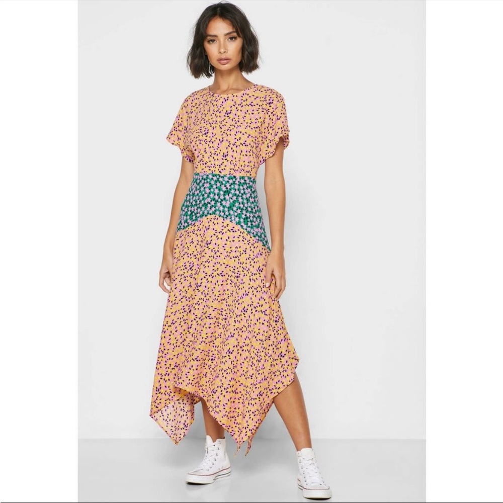 TOPSHOP Mixed Floral Hanky Hem Midi Dress Size 10 Multicolor